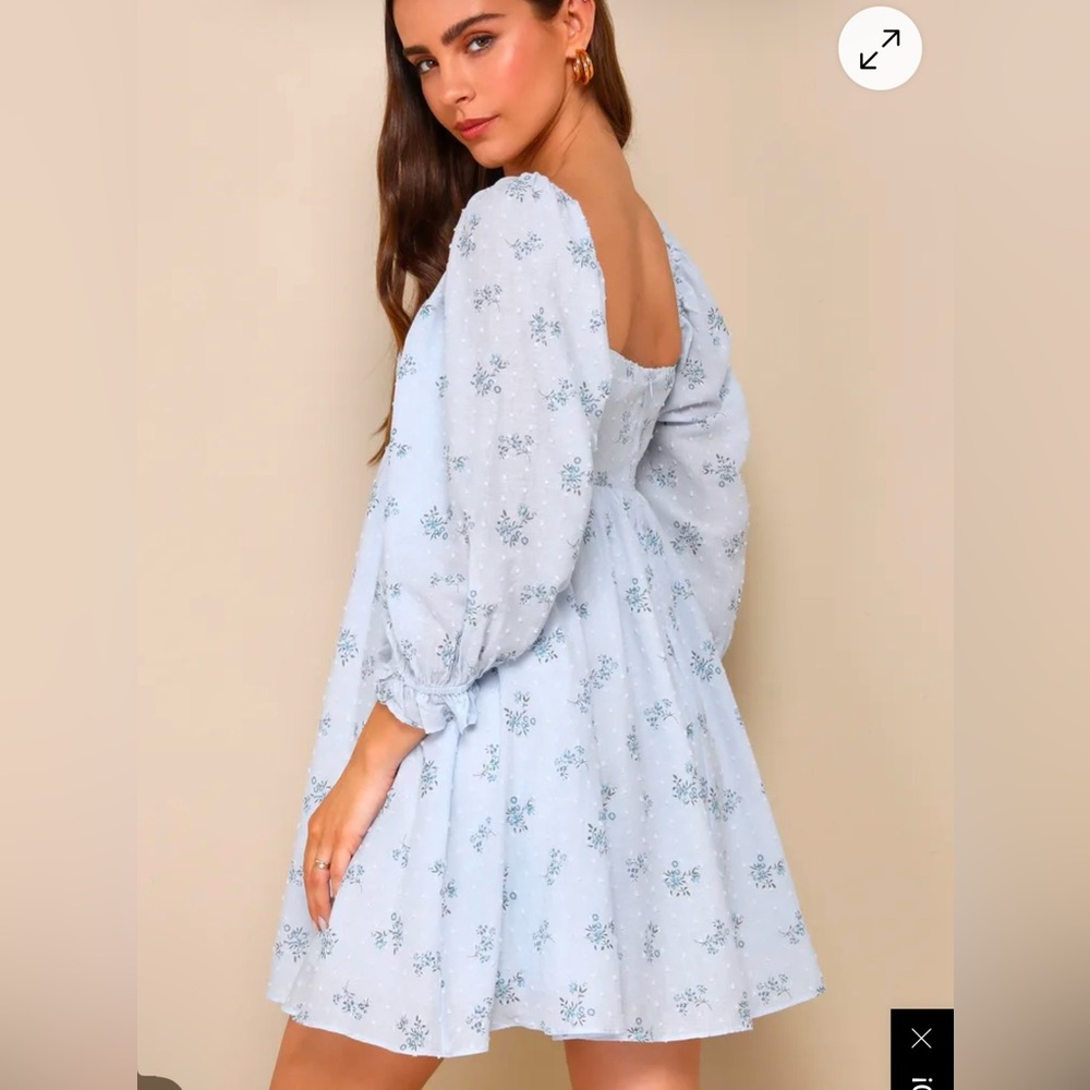 SOLD | Always Charming Light Blue Floral Swiss Dot Babydoll Dress Long Sleeve